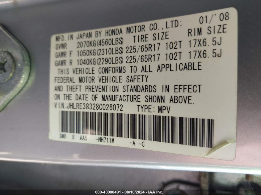 2008 Honda Cr-V Lx VIN: JHLRE38328C026072 Lot: 40080491