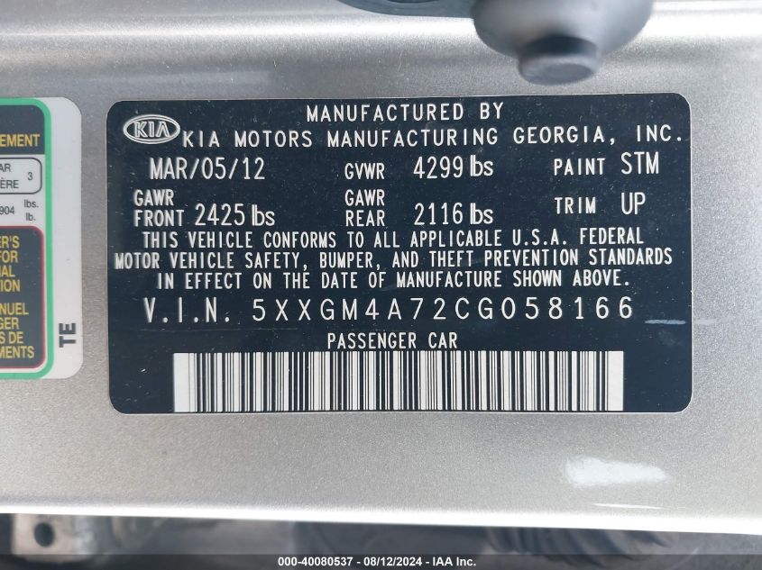 2012 Kia Optima Lx VIN: 5XXGM4A72CG058166 Lot: 40080537