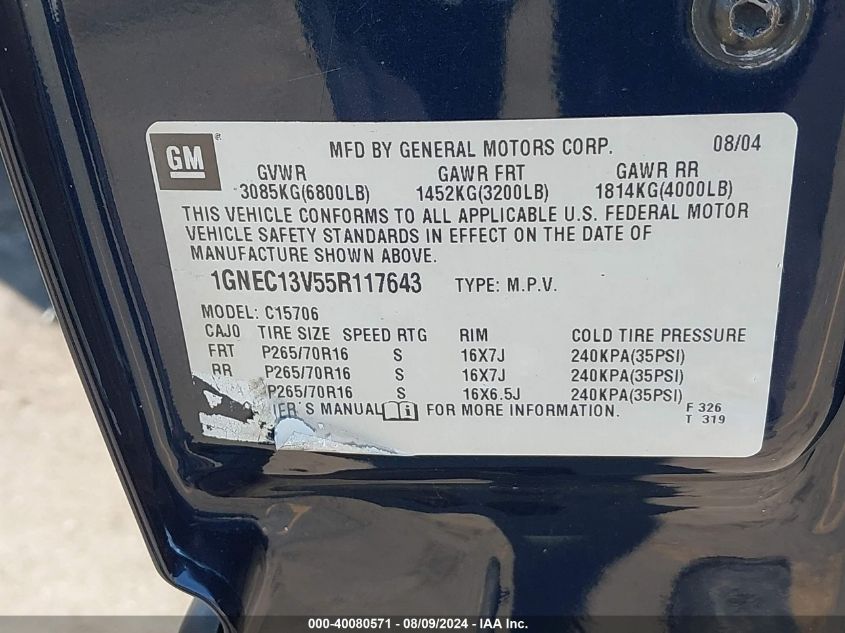 2005 Chevrolet Tahoe Ls VIN: 1GNEC13V55R117643 Lot: 40080571