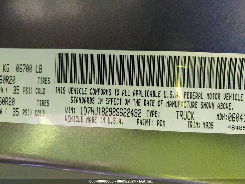 2008 Dodge Ram 1500 Slt VIN: 1D7HU18298S622492 Lot: 40080606