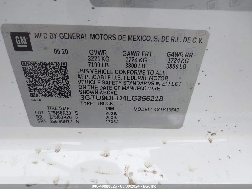 2020 GMC Sierra 1500 4Wd Short Box Slt VIN: 3GTU9DED4LG356218 Lot: 40080626
