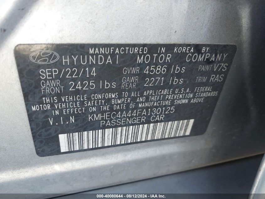 2015 Hyundai Sonata Hybrid/Limited VIN: KMHEC4A44FA130125 Lot: 40080644