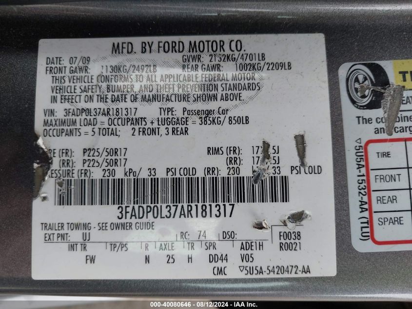 2010 Ford Fusion Hybrid Hybrid VIN: 3FADP0L37AR181317 Lot: 40080646