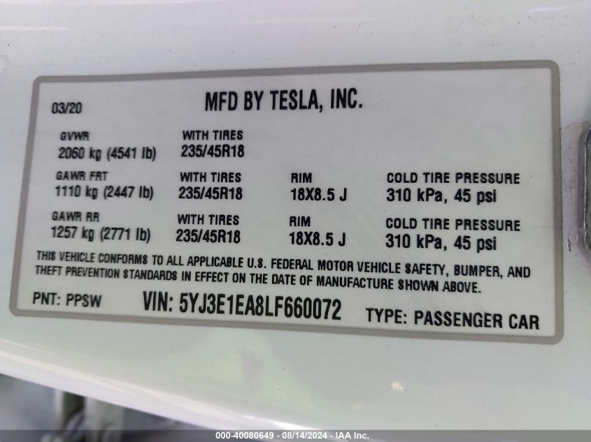 2020 TESLA MODEL 3 STANDARD RANGE PLUS REAR-WHEEL DRIVE/STANDARD RANGE REAR-WHEEL DRIVE - 5YJ3E1EA8LF660072