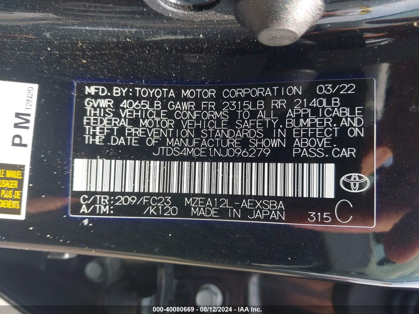 VIN JTDS4MCE1NJ096279 2022 TOYOTA COROLLA SE