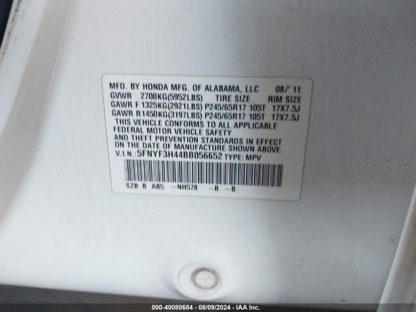 2011 Honda Pilot Ex VIN: 5FNYF3H44BB056652 Lot: 40080684