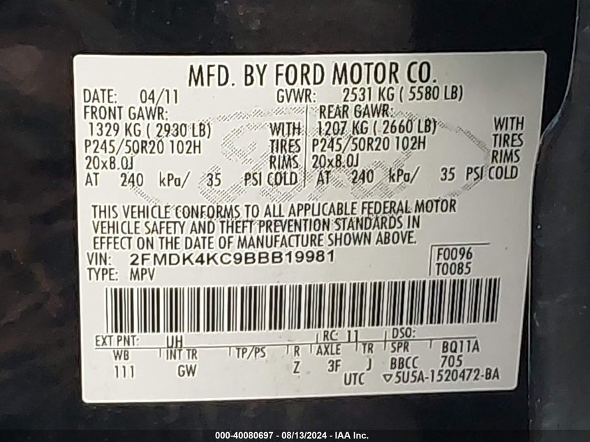 2011 Ford Edge Limited VIN: 2FMDK4KC9BBB19981 Lot: 40080697