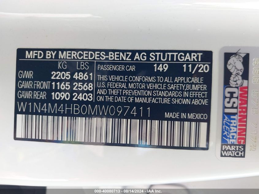 W1N4M4HB0MW097411 2021 Mercedes-Benz Glb 250 4Matic