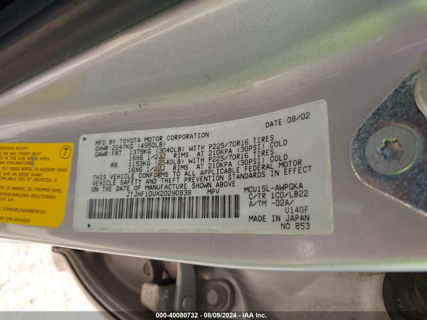 2002 Lexus Rx 300 VIN: JTJHF10UX20290838 Lot: 40080732