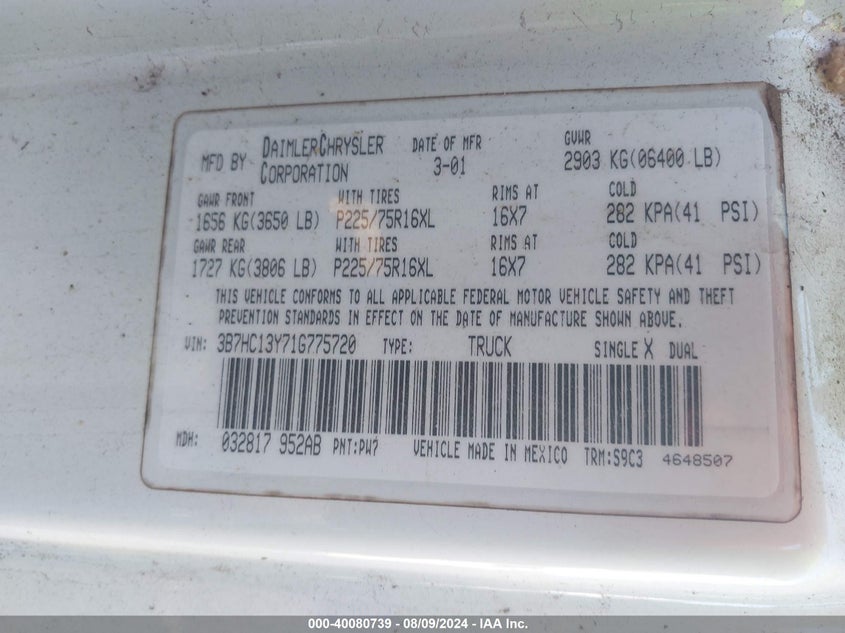 2001 Dodge Ram 1500 St VIN: 3B7HC13Y71G775720 Lot: 40080739
