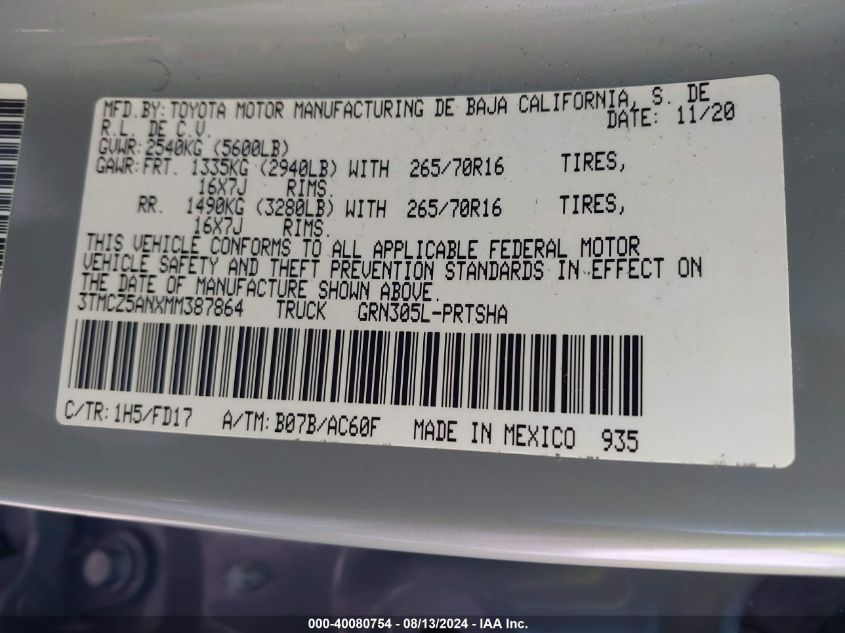 2021 Toyota Tacoma Double Cab/Sr/Sr5/Trd Spo VIN: 3TMCZ5ANXMM387864 Lot: 40080754