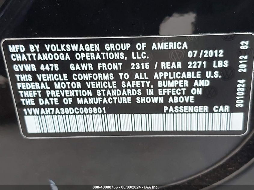 2013 Volkswagen Passat 2.5L S VIN: 1VWAH7A30DC009801 Lot: 40080766