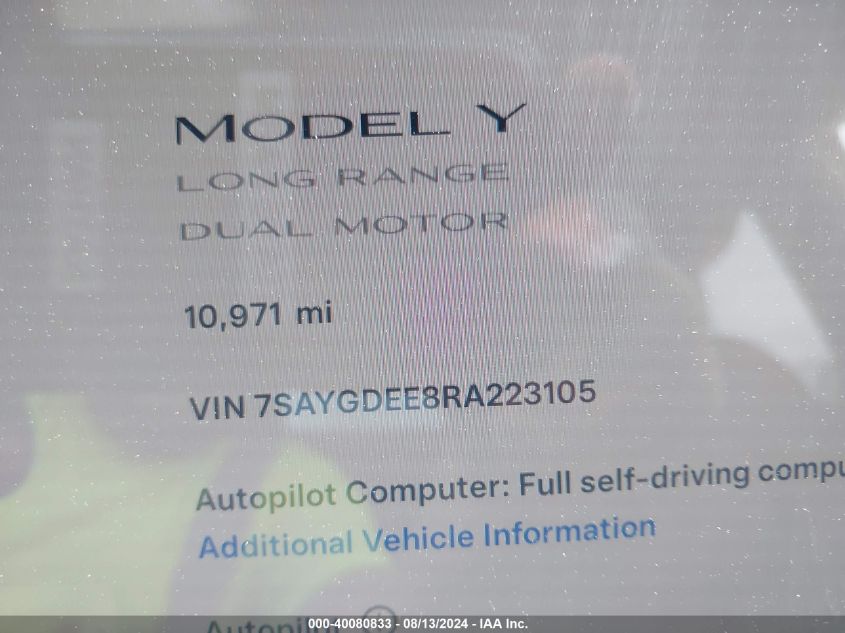 2024 Tesla Model Y Long Range Dual Motor All-Wheel Drive VIN: 7SAYGDEE8RA223105 Lot: 40080833