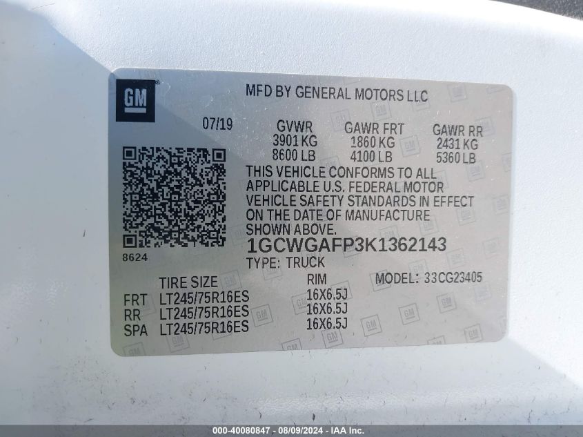 2019 Chevrolet Express 2500 Work Van VIN: 1GCWGAFP3K1362143 Lot: 40080847