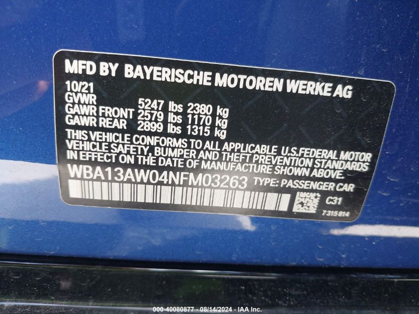 2022 BMW M440I Gran Coupe xDrive VIN: WBA13AW04NFM03263 Lot: 40080877