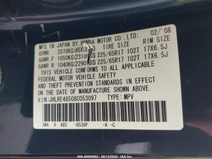 2008 Honda Cr-V Ex VIN: JHLRE48508C053097 Lot: 40080882