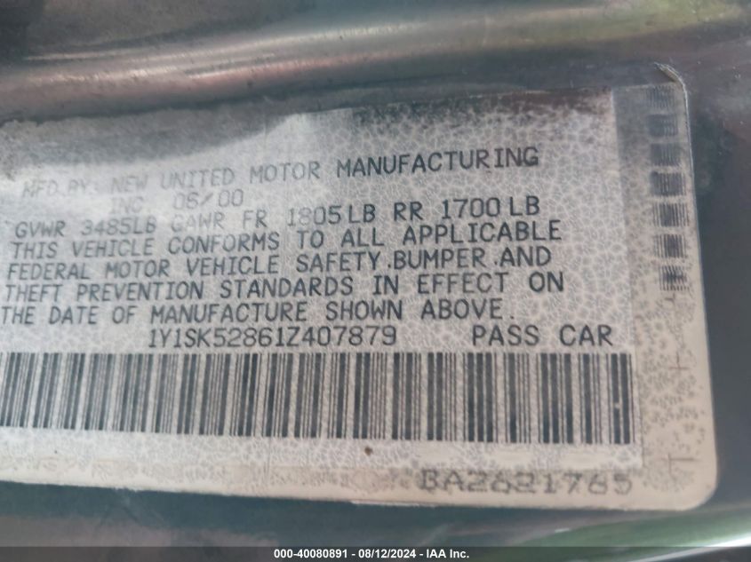 2001 Chevrolet Geo Prizm Lsi VIN: 1Y1SK52861Z407879 Lot: 40080891