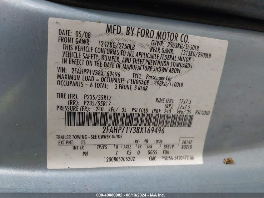 2008 Ford Crown Victoria Police/Police Interceptor VIN: 2FAHP71V38X169496 Lot: 40080902