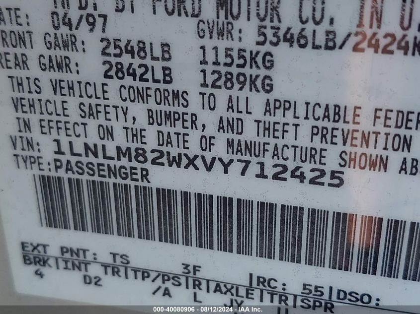 1997 Lincoln Town Car Signature VIN: 1LNLM82WXVY712425 Lot: 40080906