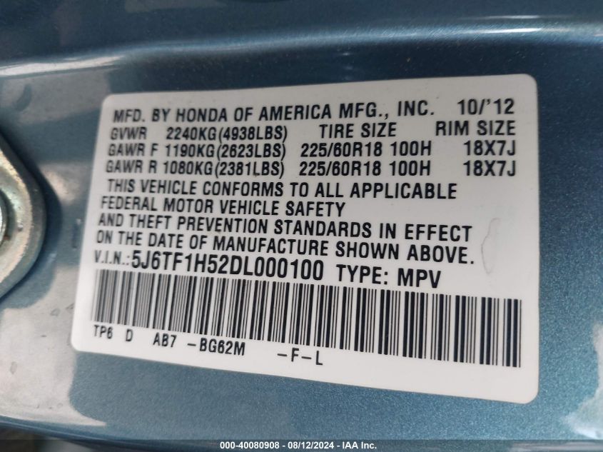 2013 HONDA CROSSTOUR EXL - 5J6TF1H52DL000100