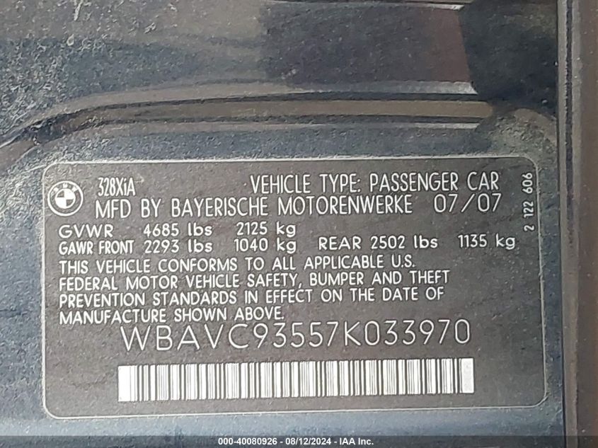 2007 BMW 328Xi VIN: WBAVC93557K033970 Lot: 40080926