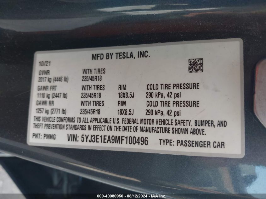 2021 Tesla Model 3 Standard Range Plus Rear-Wheel Drive VIN: 5YJ3E1EA9MF100496 Lot: 40080950