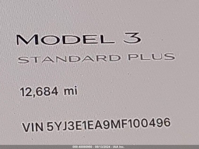 2021 Tesla Model 3 Standard Range Plus Rear-Wheel Drive VIN: 5YJ3E1EA9MF100496 Lot: 40080950