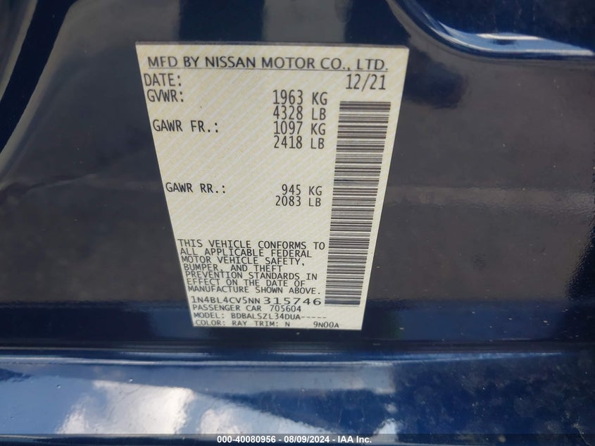 2022 Nissan Altima Sr Fwd VIN: 1N4BL4CV5NN315746 Lot: 40080956