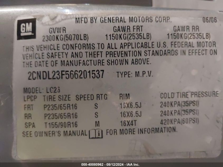 2006 Chevrolet Equinox Ls VIN: 2CNDL23F566201537 Lot: 40080962