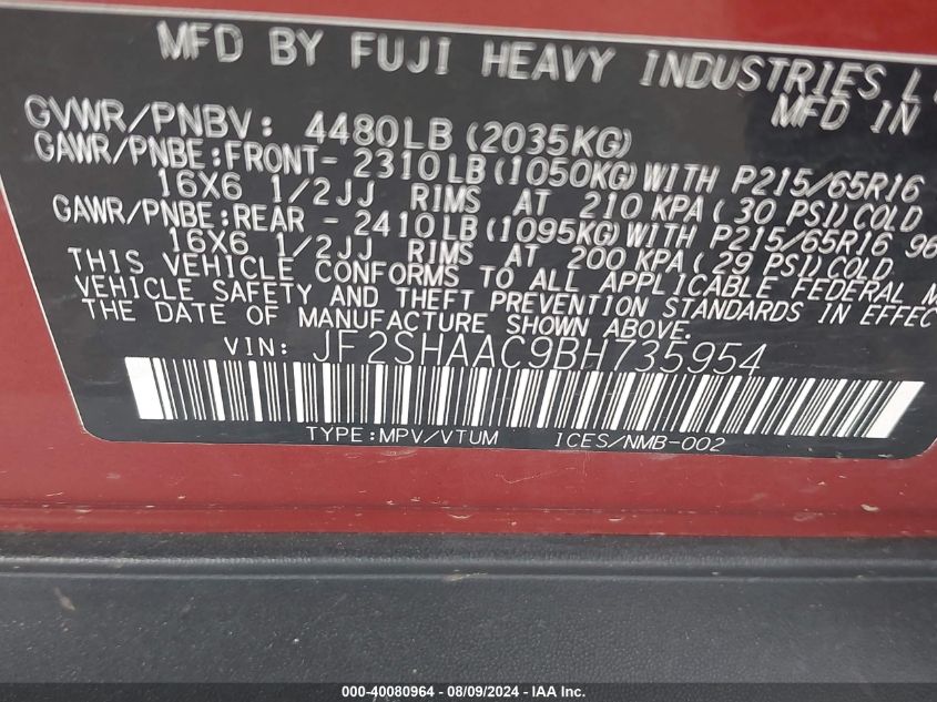 2011 Subaru Forester 2.5X VIN: JF2SHAAC9BH735954 Lot: 40080964