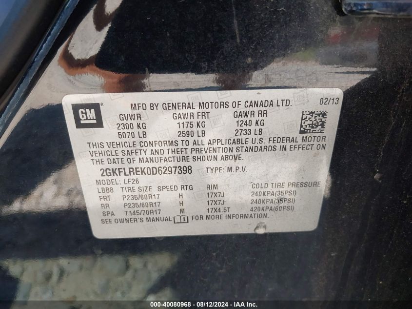 2013 GMC Terrain Sle-1 VIN: 2GKFLREK0D6297398 Lot: 40080968