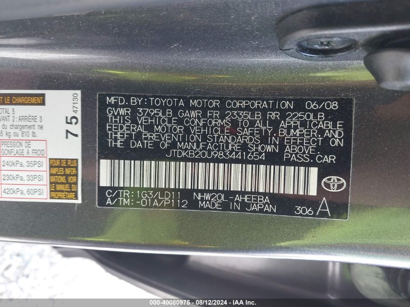 2008 Toyota Prius VIN: JTDKB20U983441654 Lot: 40080975