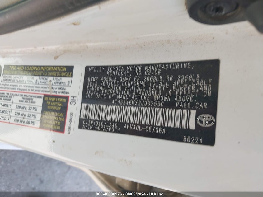 2009 Toyota Camry Hybrid Hybrid VIN: 4T1BB46KX9U067550 Lot: 40080976