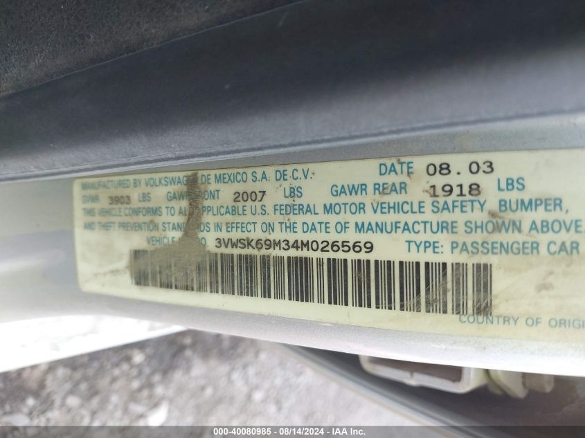 2004 Volkswagen Jetta Gls 2.0L VIN: 3VWSK69M34M026569 Lot: 40080985