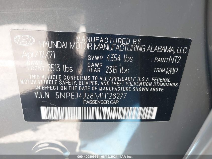 5NPEJ4J28MH128277 2021 Hyundai Sonata Sel Plus