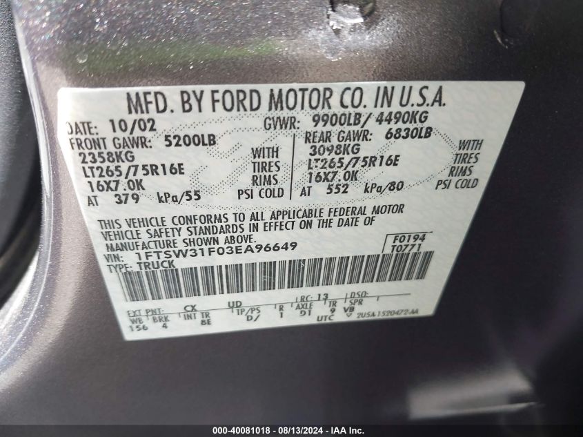 2003 Ford F-350 Lariat/Xl/Xlt VIN: 1FTSW31F03EA96649 Lot: 40081018