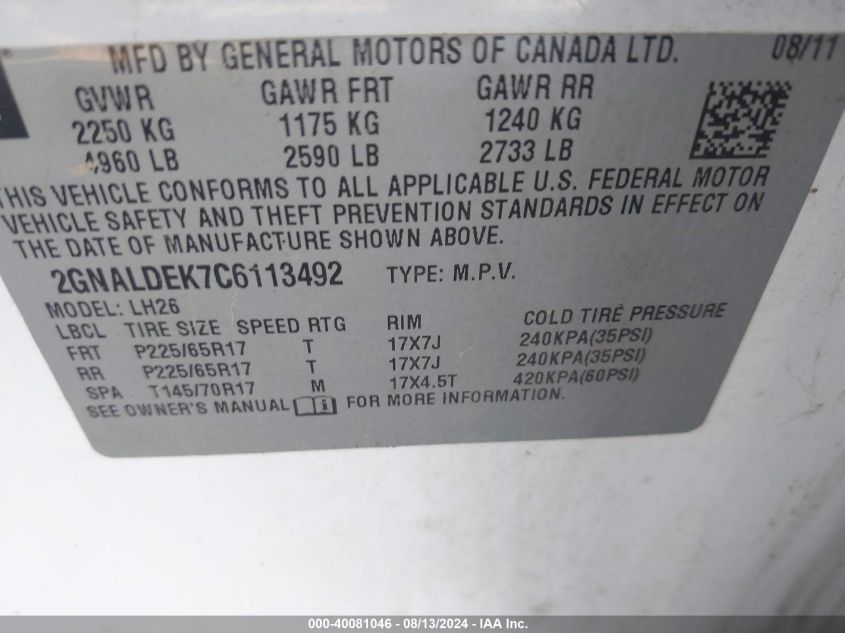 2012 Chevrolet Equinox Lt VIN: 2GNALDEK7C6113492 Lot: 40081046