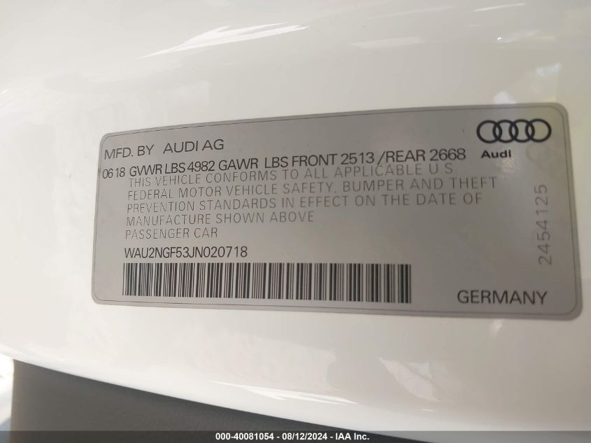 2018 Audi A5 2.0T Premium VIN: WAU2NGF53JN020718 Lot: 40081054