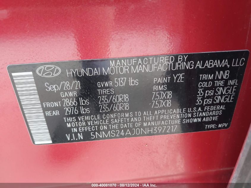 2022 Hyundai Santa Fe Sel VIN: 5NMS24AJ0NH397217 Lot: 40081070