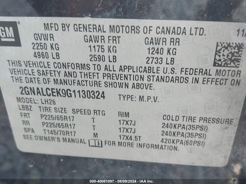 2016 Chevrolet Equinox Lt VIN: 2GNALCEK9G1130324 Lot: 40081097