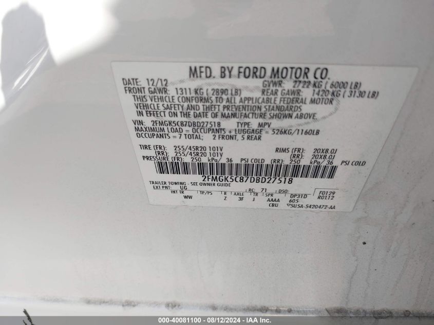 2013 Ford Flex Sel VIN: 2FMGK5C87DBD27518 Lot: 40081100