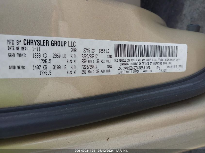 2011 Chrysler Town & Country Touring-L VIN: 2A4RR8DG6BR634659 Lot: 40081121