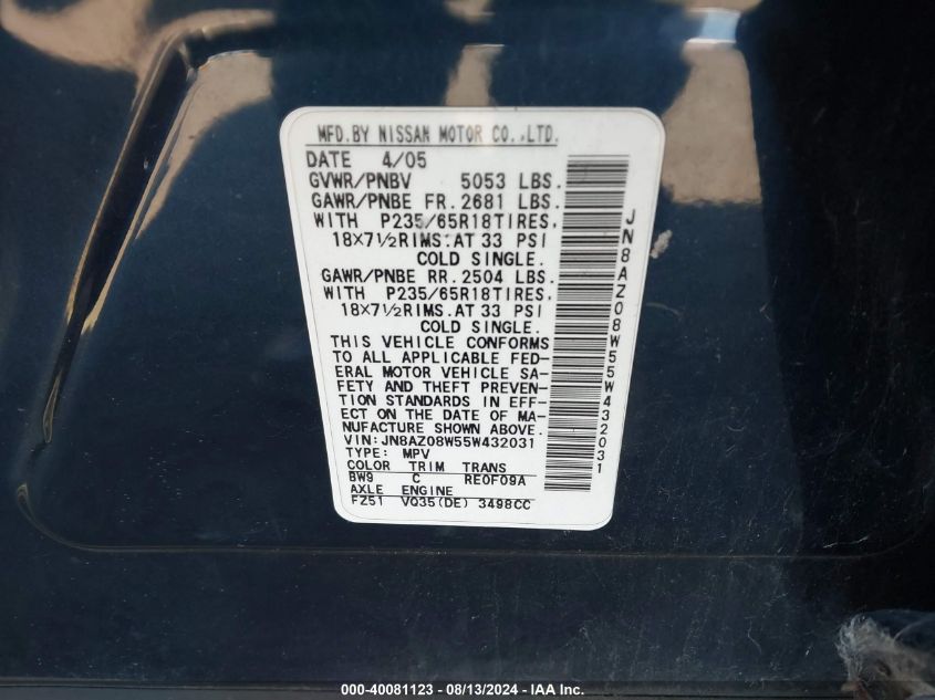 2005 Nissan Murano Se VIN: JN8AZ08W55W432031 Lot: 40081123