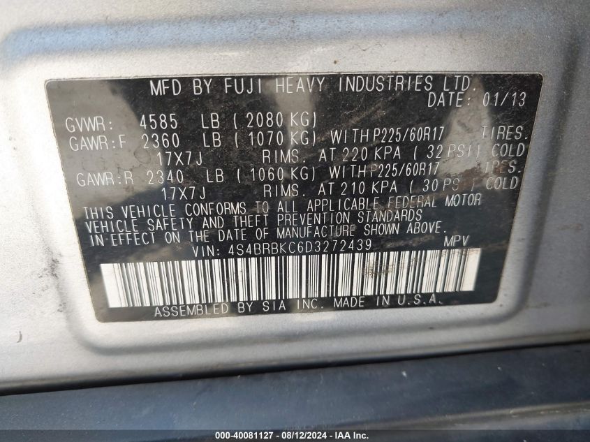 2013 Subaru Outback 2.5I Limited VIN: 4S4BRBKC6D3272439 Lot: 40081127