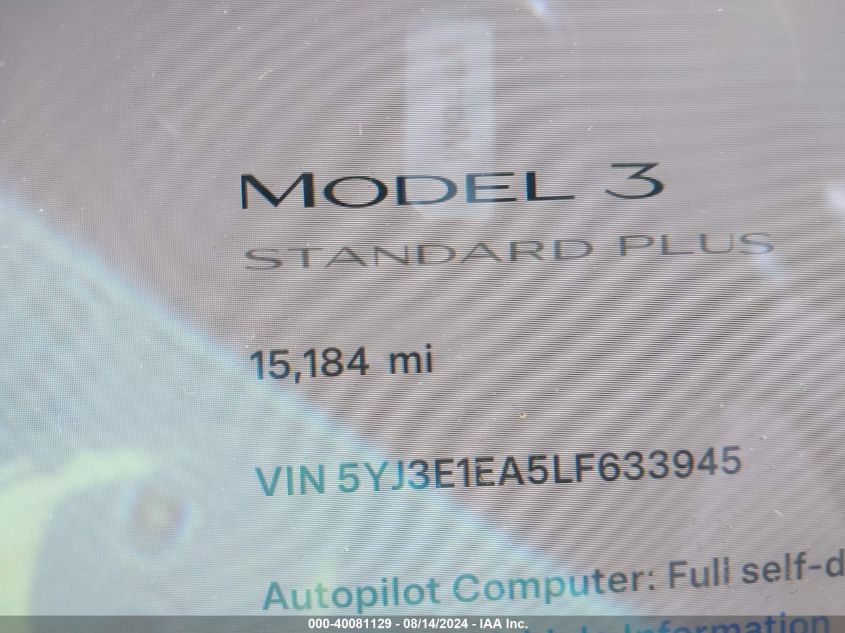 2020 TESLA MODEL 3 - 5YJ3E1EA5LF633945