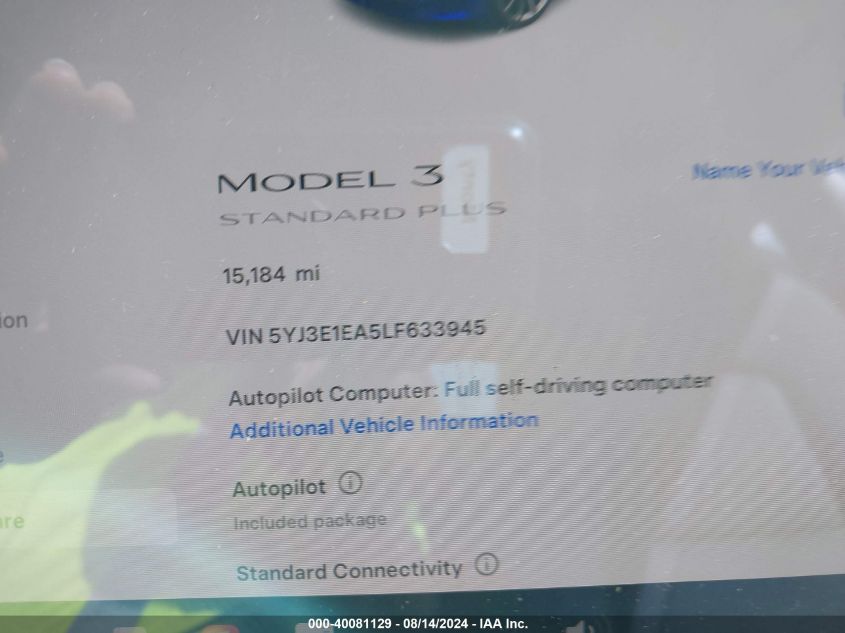 2020 TESLA MODEL 3 - 5YJ3E1EA5LF633945