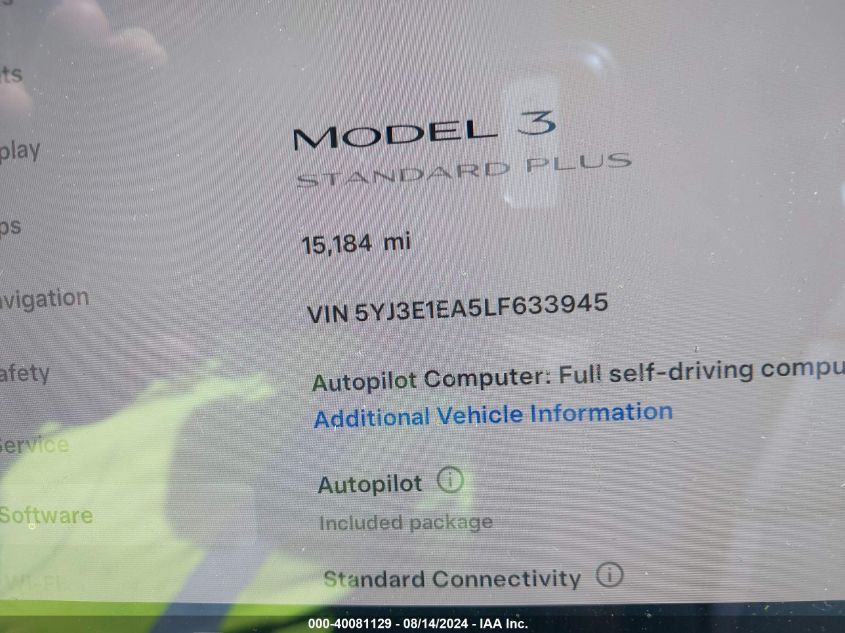 2020 TESLA MODEL 3 - 5YJ3E1EA5LF633945