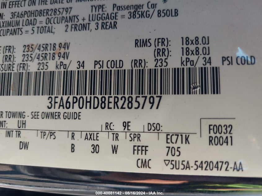 2014 Ford Fusion Se VIN: 3FA6P0HD8ER285797 Lot: 40081142