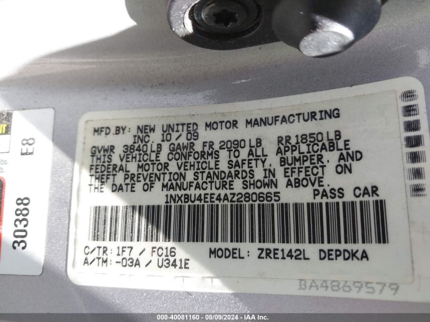 2010 Toyota Corolla Le VIN: 1NXBU4EE4AZ280665 Lot: 40081160