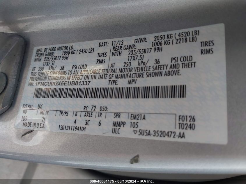 2014 Ford Escape Se VIN: 1FMCU0GX5EUB81337 Lot: 40081175